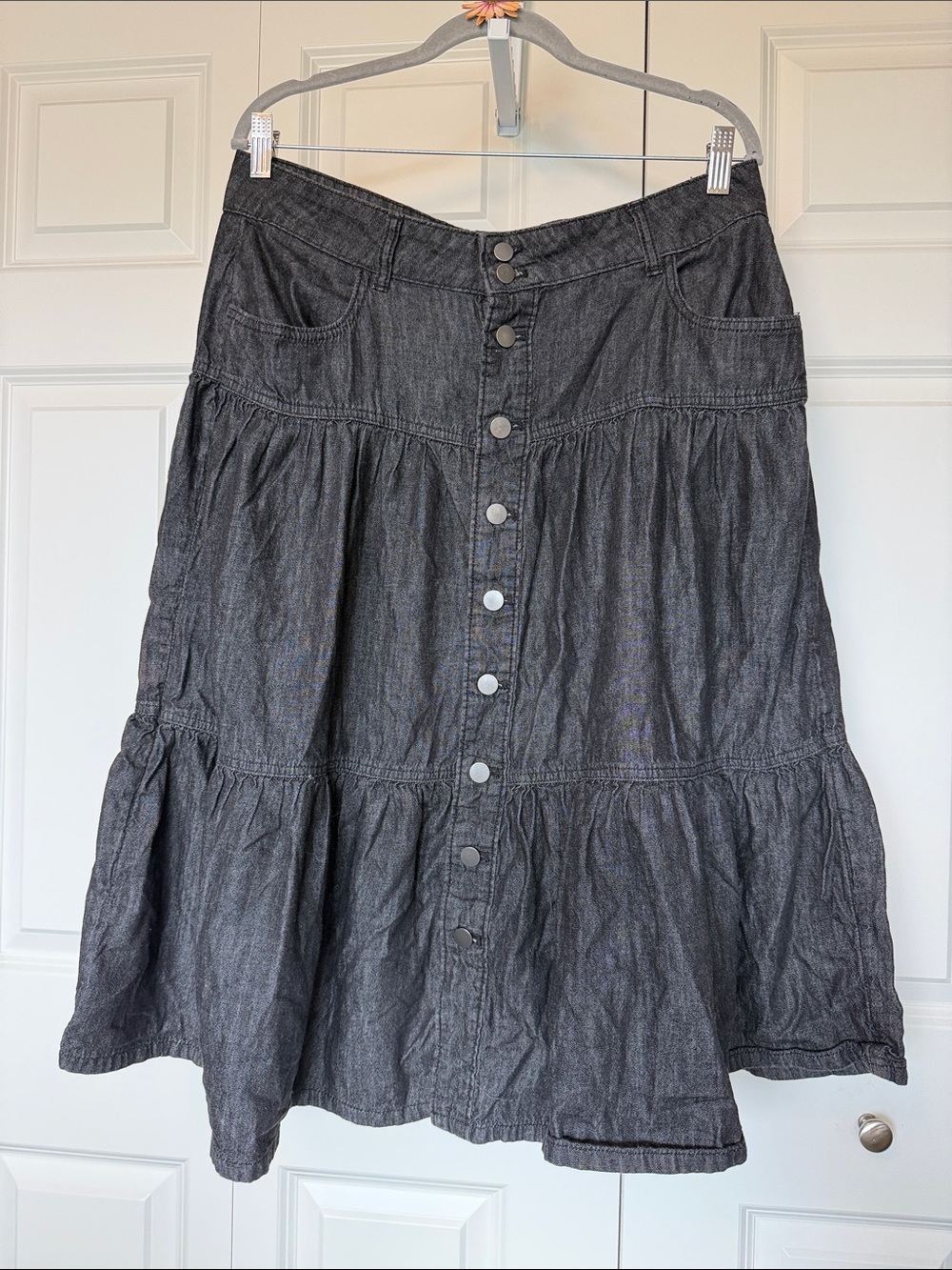 Button-Front Denim Dark Gray Tiered Skirt